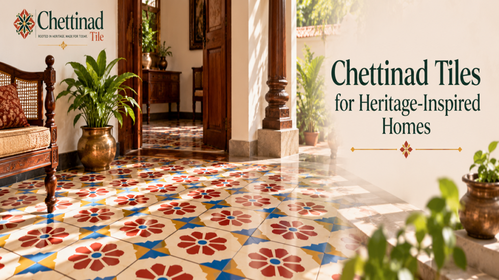 Chettinad tiles in a heritage-inspired Indian home with traditional patterned flooring and wooden interiors.